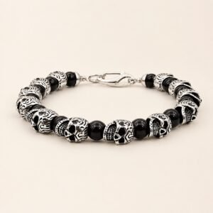 Men's Onyx & Stainless Steel Skull Beaded Bracelet — product view