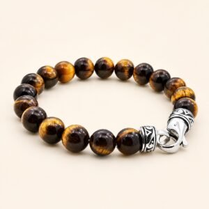 Men's 10mm Tiger Eye Stainless Steel Beaded Bracelet — product view