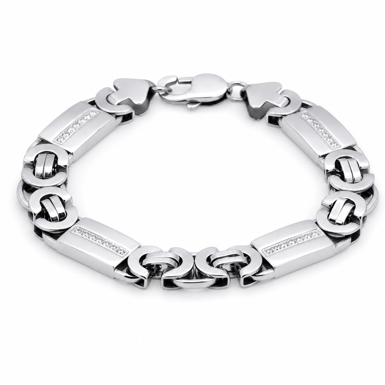 polished flat byzantine stainless steel cz bracelet Polished Flat Byzantine Stainless Steel CZ Bracelet — product view
