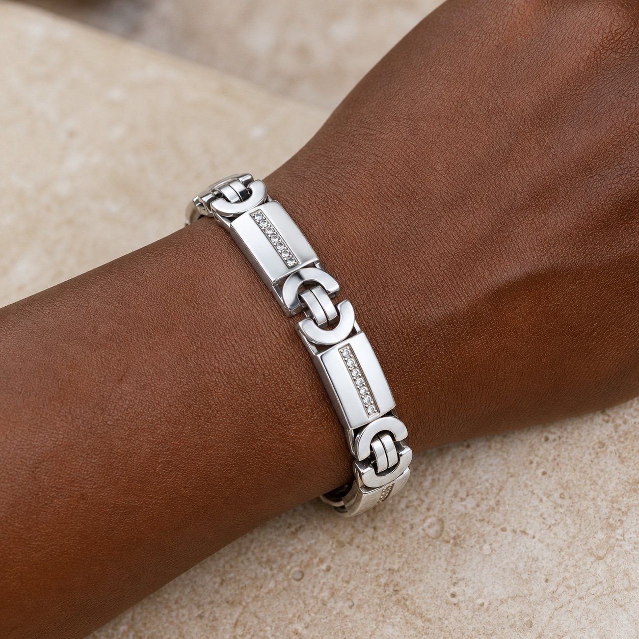polished flat byzantine stainless steel cz bracelet Polished Flat Byzantine Stainless Steel CZ Bracelet — close worn view