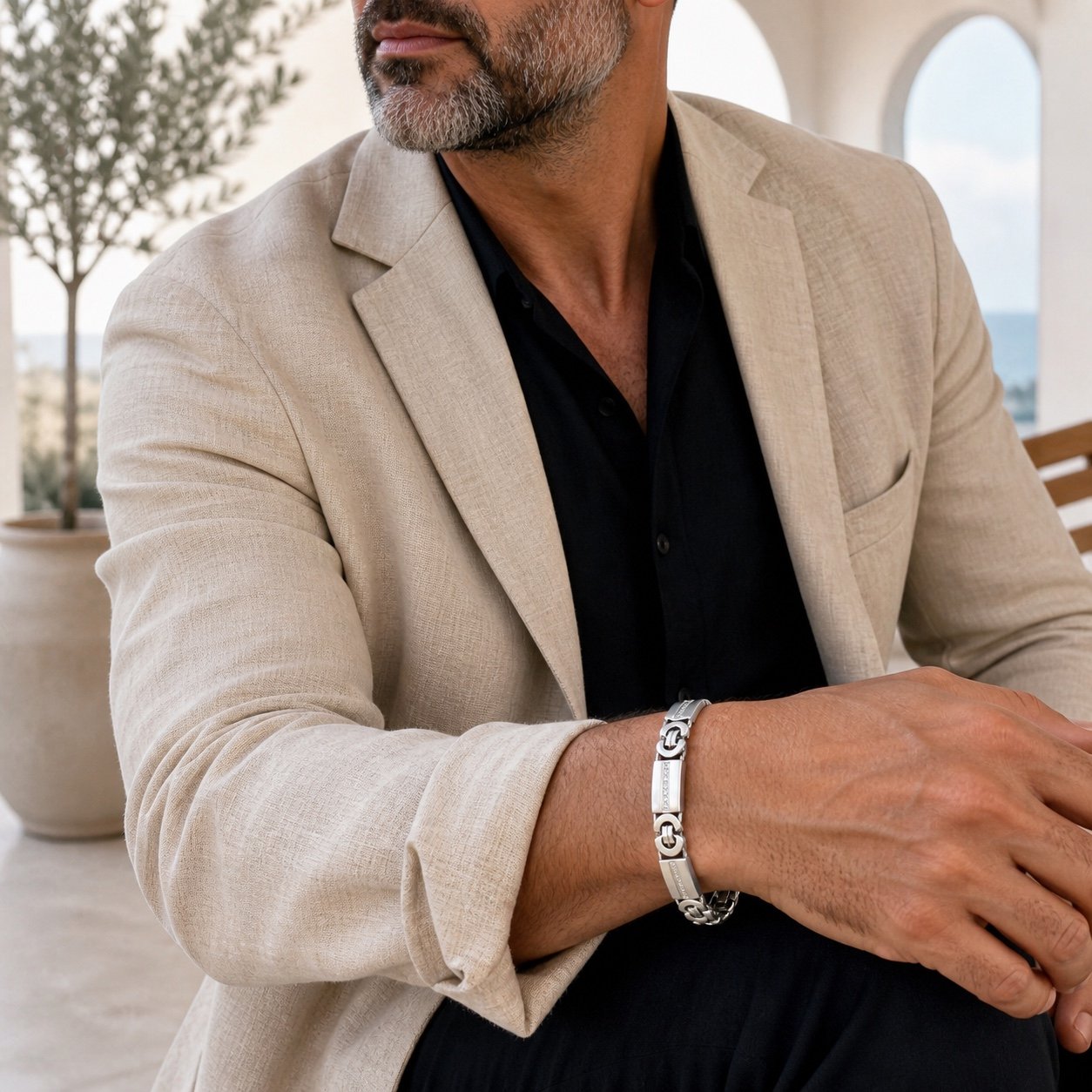 polished flat byzantine stainless steel cz bracelet Polished Flat Byzantine Stainless Steel CZ Bracelet — portrait view