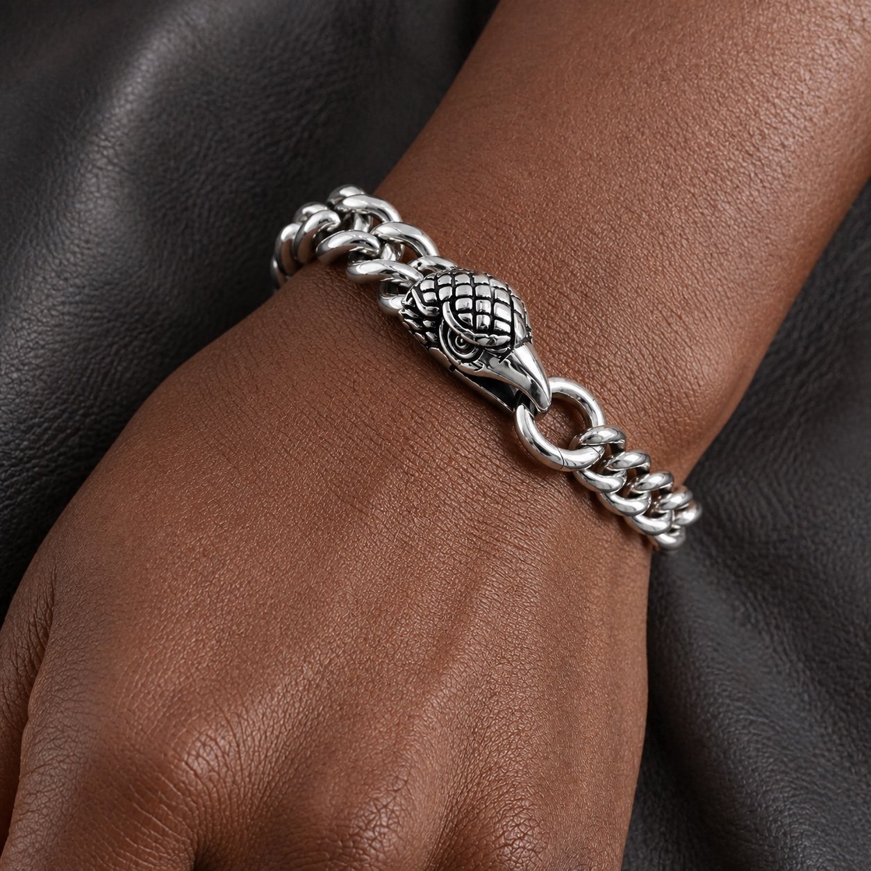 Polished Stainless Steel Eagle Bracelet — close worn view Polished Stainless Steel Eagle Bracelet — close worn view