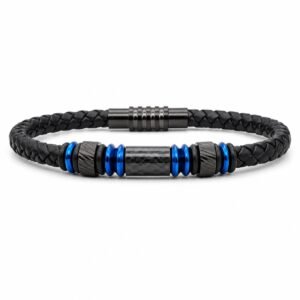 Black Leather & Blue Stainless Steel Carbon-Fiber Bracelet — product view