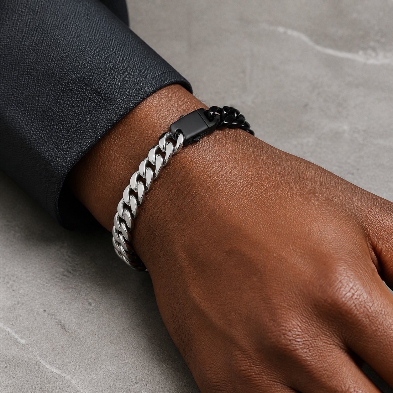 10mm Two-Tone Black & Silver Stainless Steel Cuban Bracelet — close worn view 10mm Two-Tone Black & Silver Stainless Steel Cuban Bracelet — close worn view