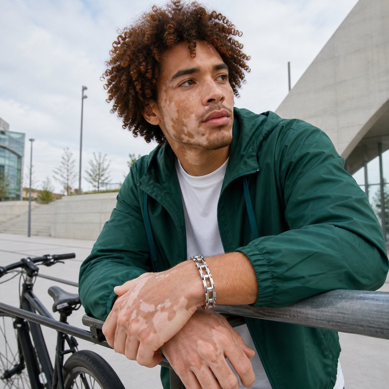 Stainless Steel Bicycle Link Bracelet — lifestyle view Stainless Steel Bicycle Link Bracelet — lifestyle view
