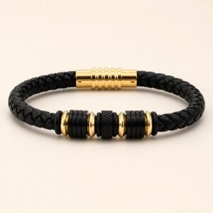 Black Leather & Gold-Tone Stainless Steel Bracelet — product view
