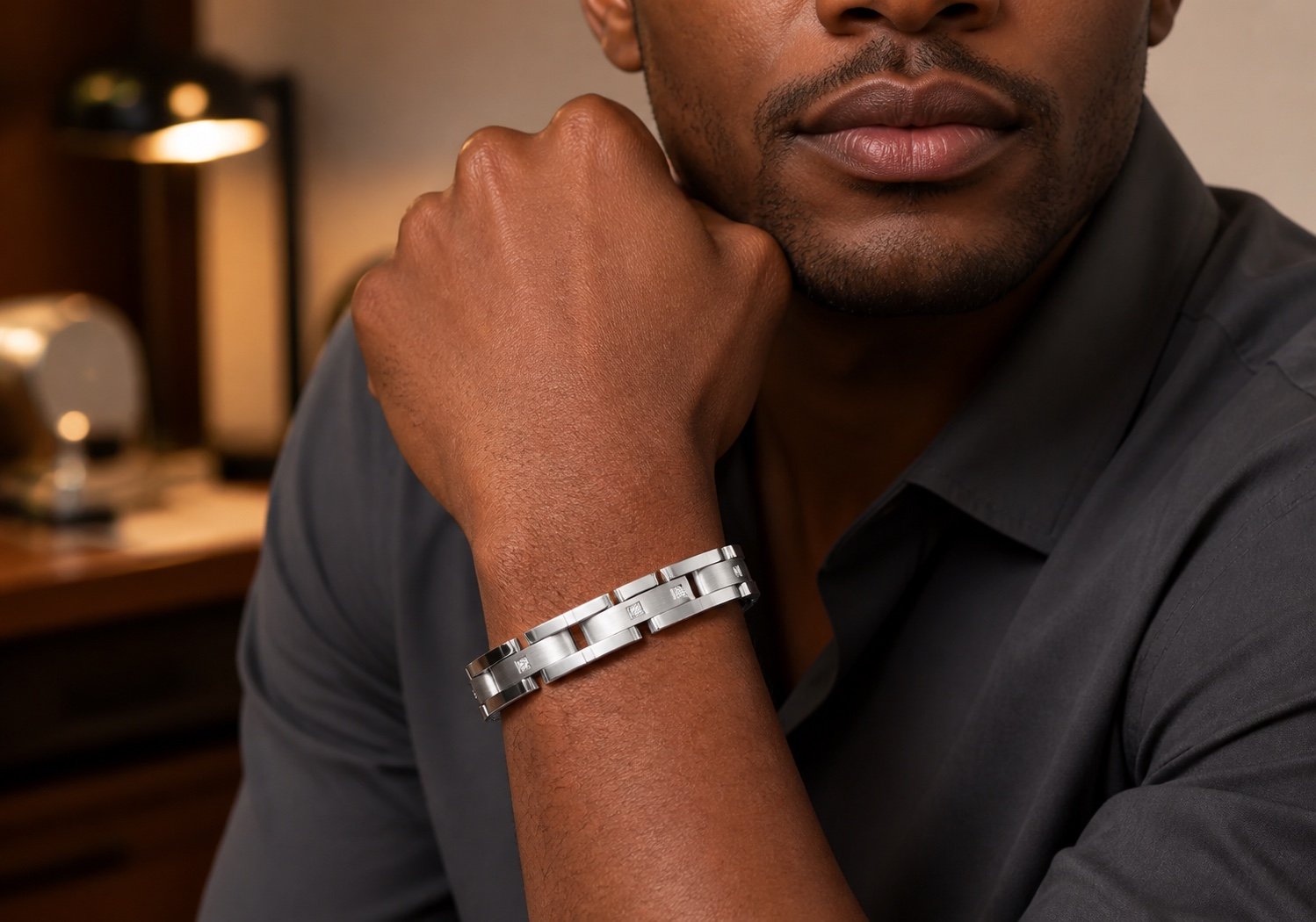 curved link stainless steel bracelet with cz — detail view Curved-Link Stainless Steel Bracelet with CZ — detail view