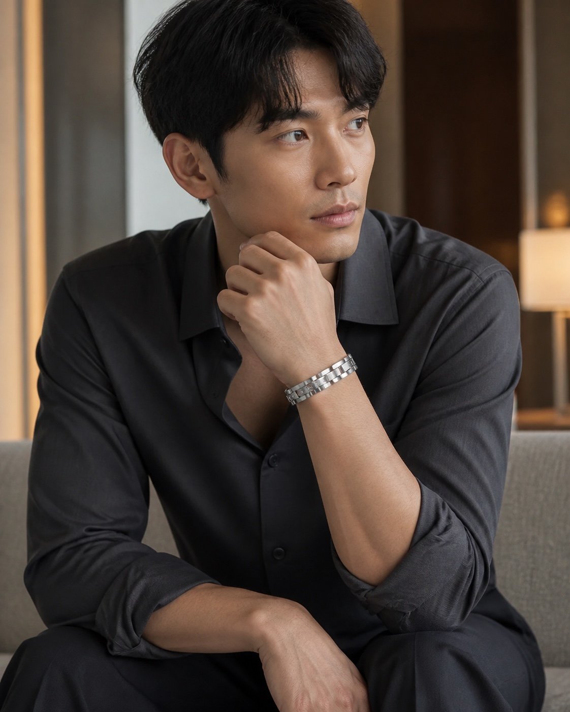 curved link stainless steel bracelet with cz — styled view Curved-Link Stainless Steel Bracelet with CZ — styled view