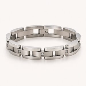 Curved-Link Stainless Steel Bracelet with CZ — product view