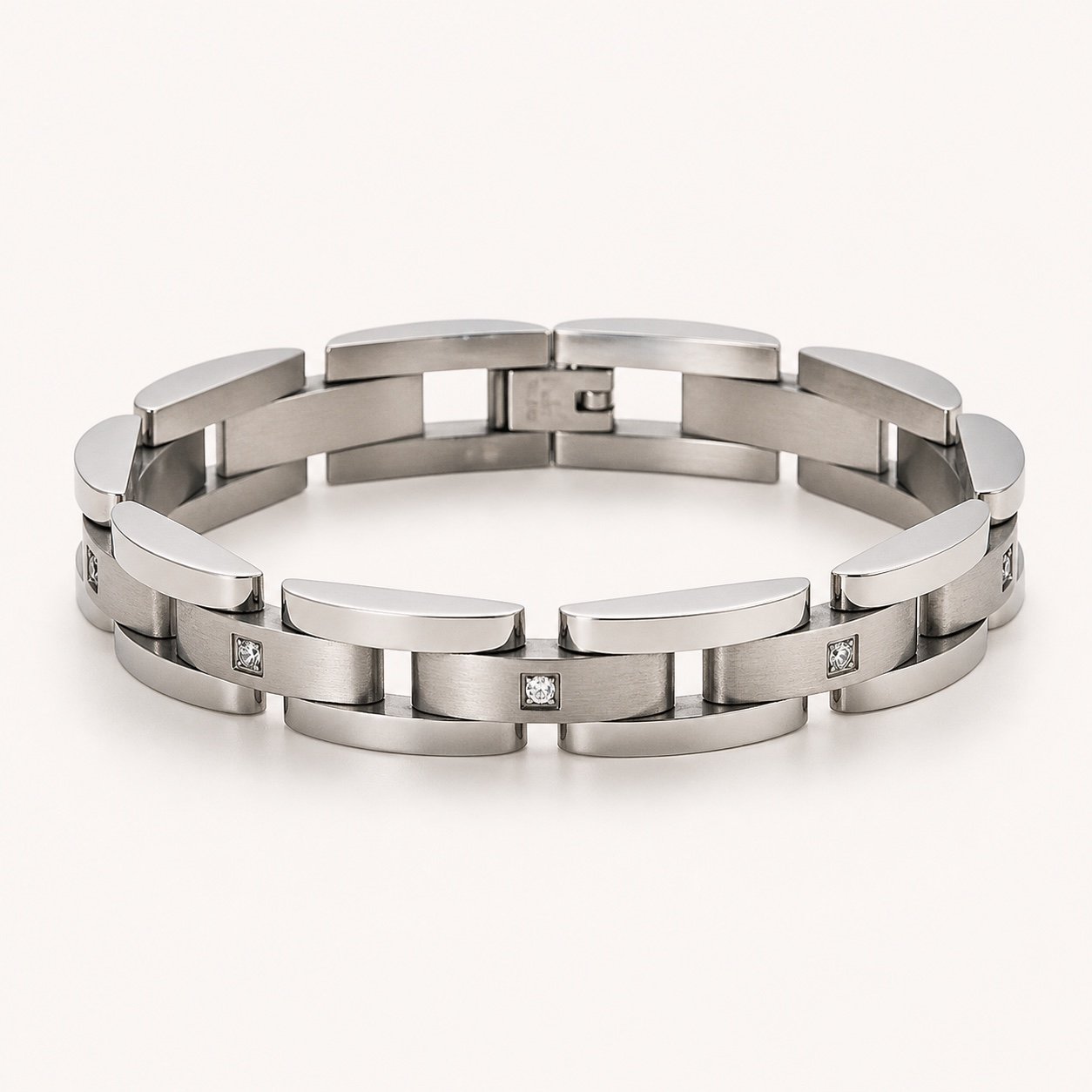 curved link stainless steel bracelet with cz — product view Curved-Link Stainless Steel Bracelet with CZ — product view