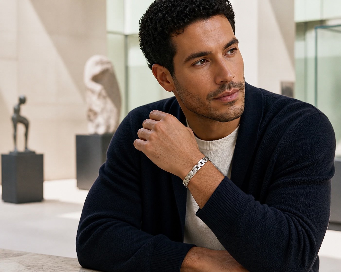 curved link stainless steel bracelet with cz — lifestyle view Curved-Link Stainless Steel Bracelet with CZ — lifestyle view