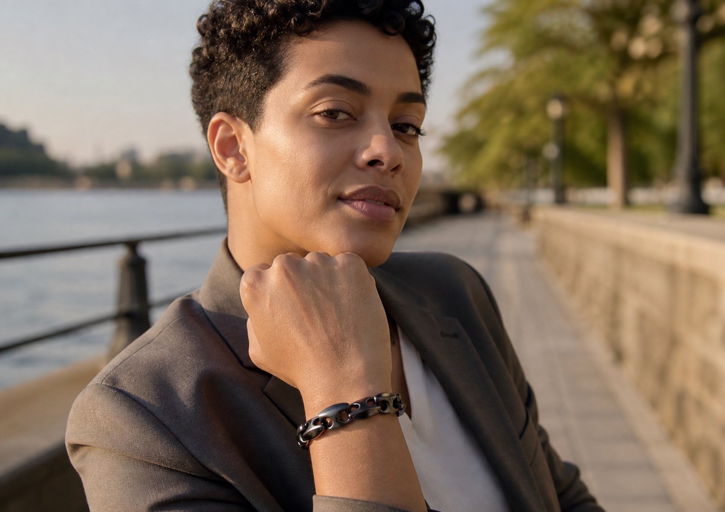 black stainless steel anchor link bracelet — lifestyle view Black Stainless Steel Anchor-Link Bracelet — lifestyle view