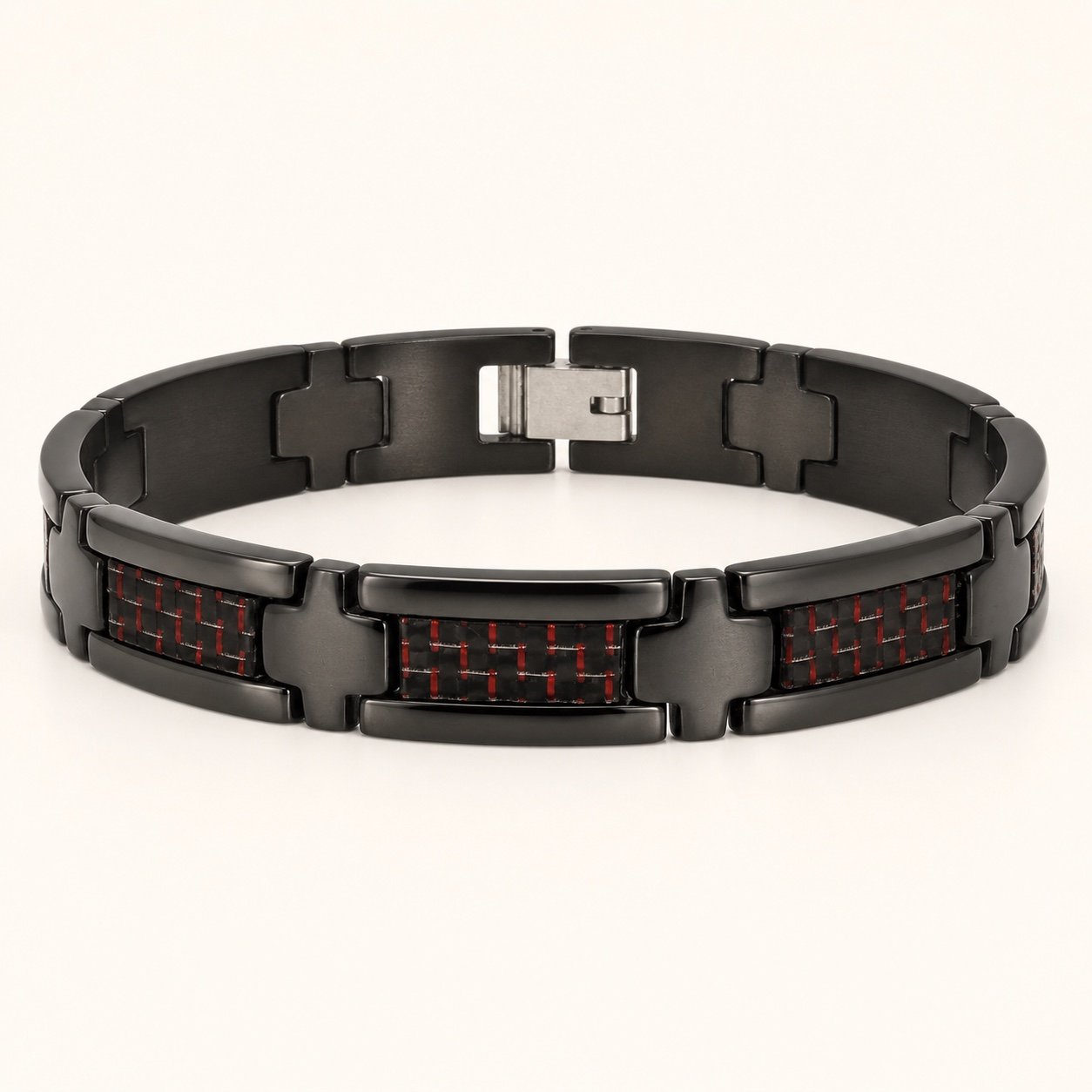 Black Stainless Steel Bracelet with Red Carbon Fiber — product view Black Stainless Steel Bracelet with Red Carbon Fiber — product view