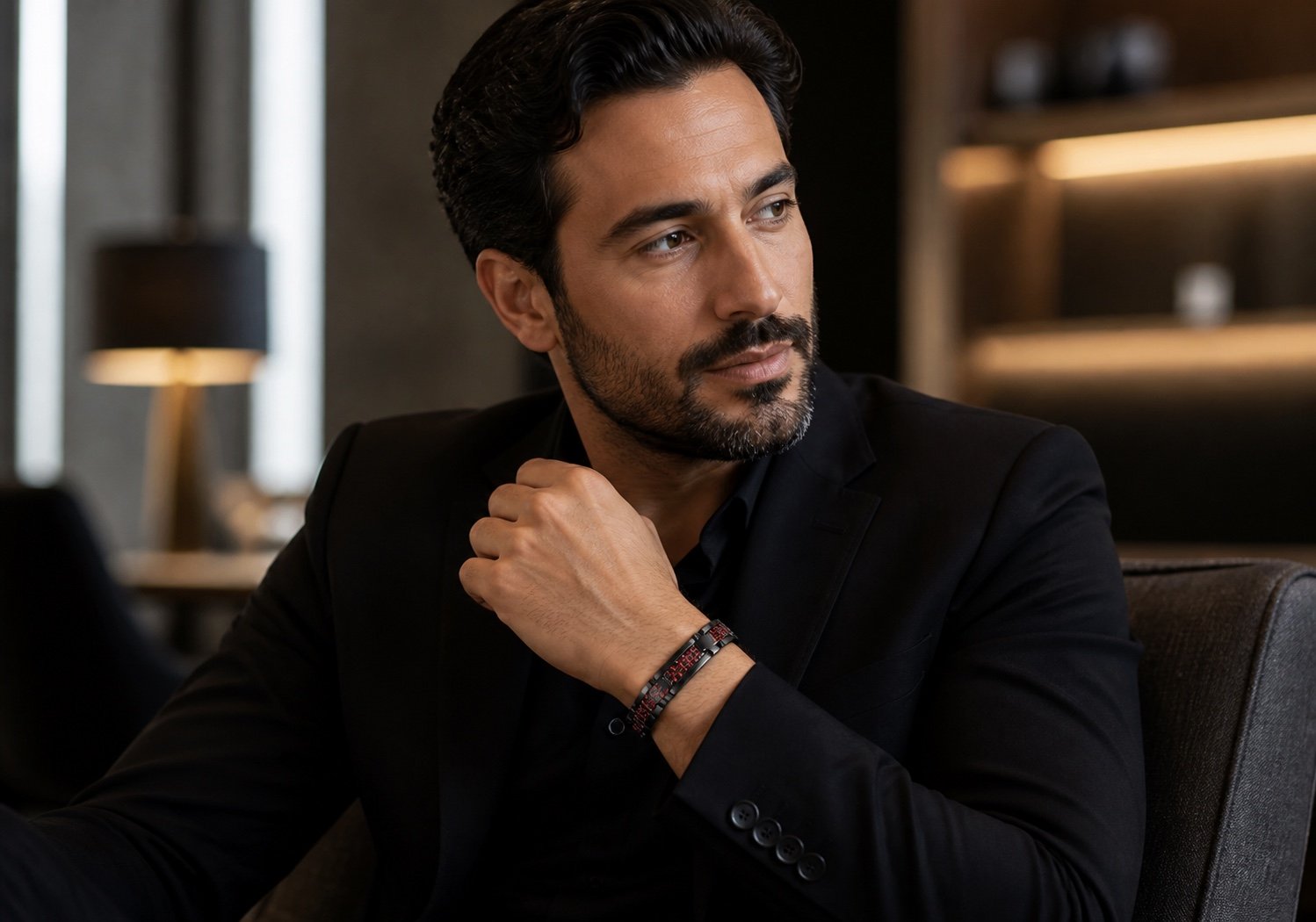 Black Stainless Steel Bracelet with Red Carbon Fiber — lifestyle view Black Stainless Steel Bracelet with Red Carbon Fiber — lifestyle view