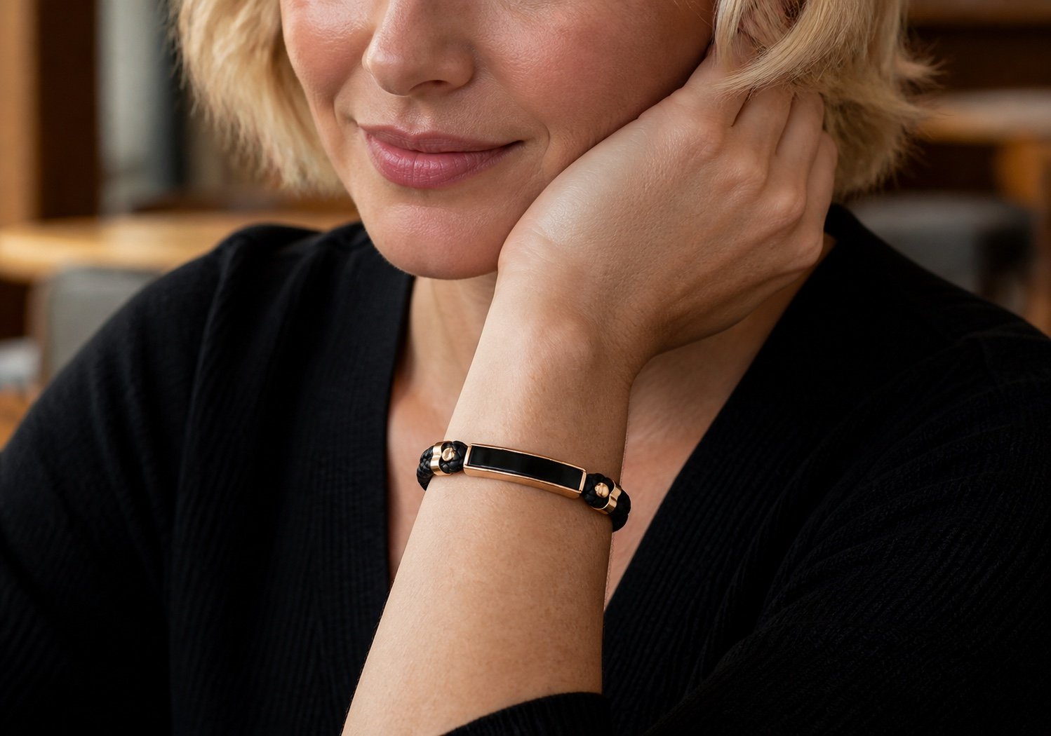 Onyx, Black Leather & Rose Gold-Tone Bracelet — detail view Onyx, Black Leather & Rose Gold-Tone Bracelet — detail view