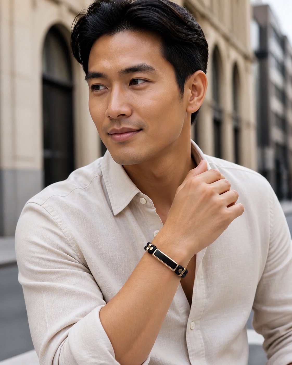 Onyx, Black Leather & Rose Gold-Tone Bracelet — styled view Onyx, Black Leather & Rose Gold-Tone Bracelet — styled view