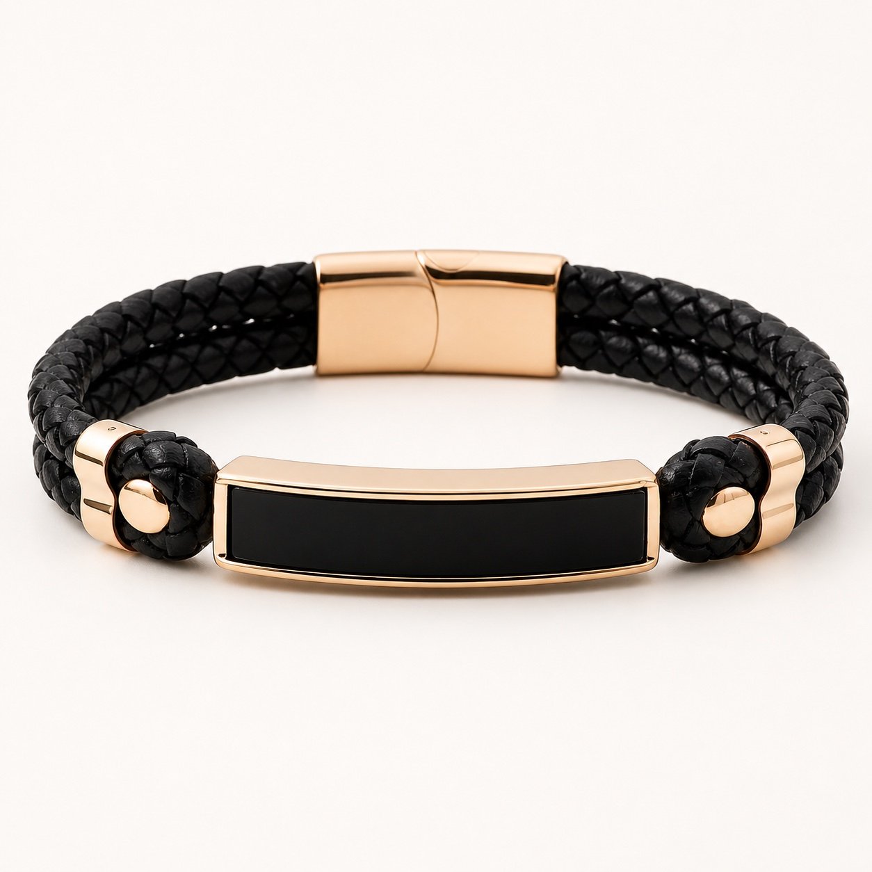 Onyx, Black Leather & Rose Gold-Tone Bracelet — product view Onyx, Black Leather & Rose Gold-Tone Bracelet — product view