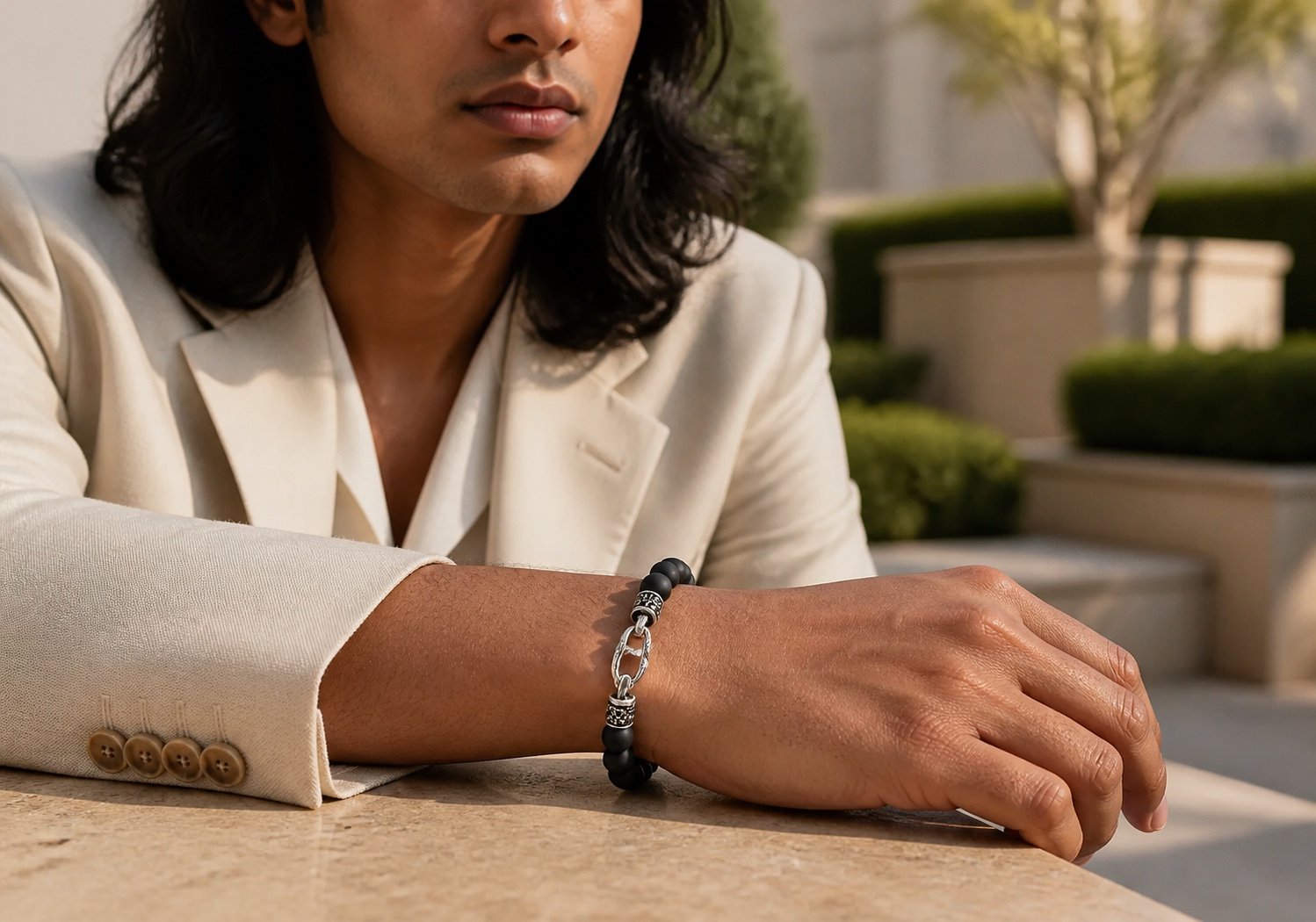 onyx beaded bracelet with black cz — detail view Onyx Beaded Bracelet with Black CZ — detail view