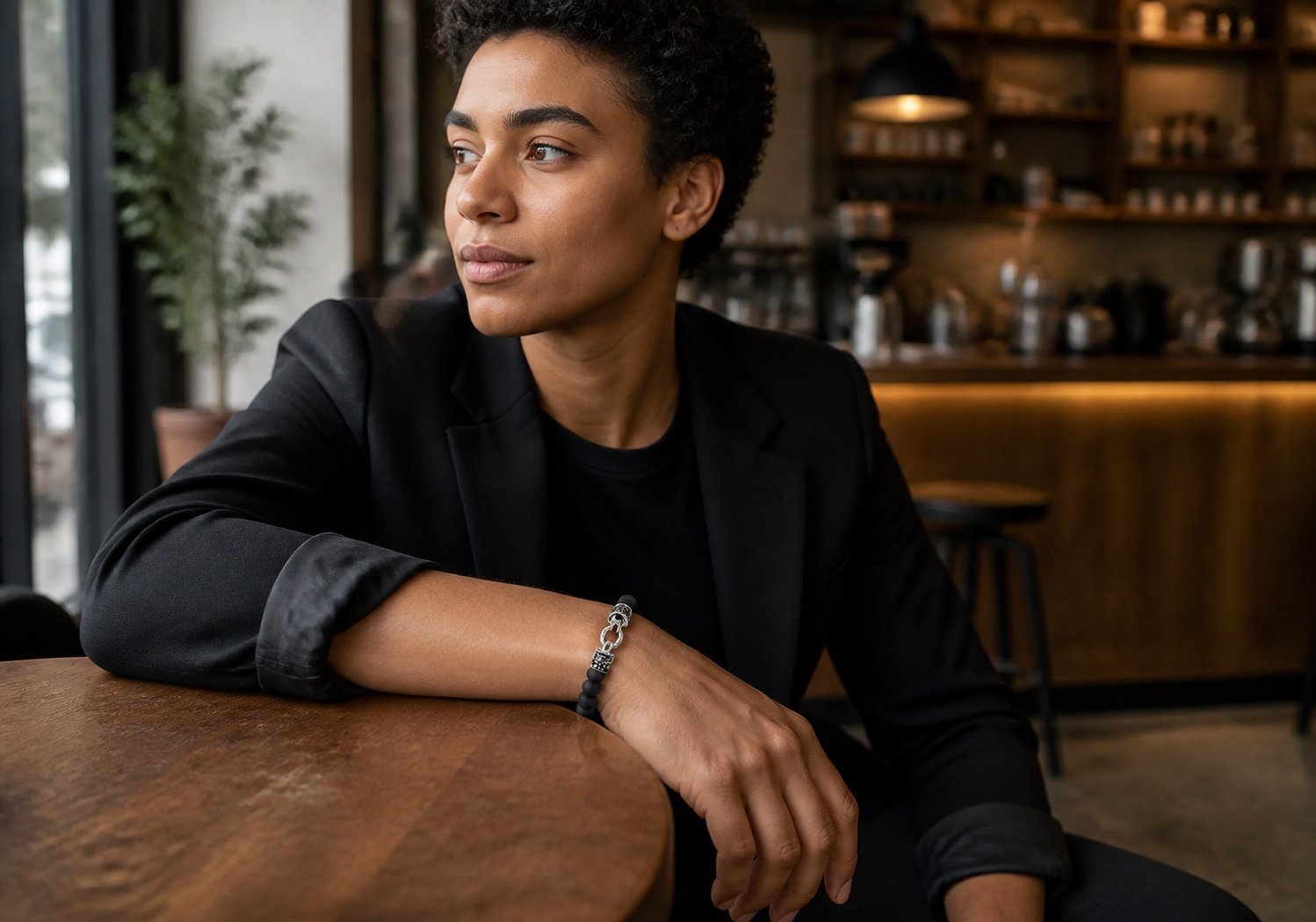 onyx beaded bracelet with black cz — lifestyle view Onyx Beaded Bracelet with Black CZ — lifestyle view