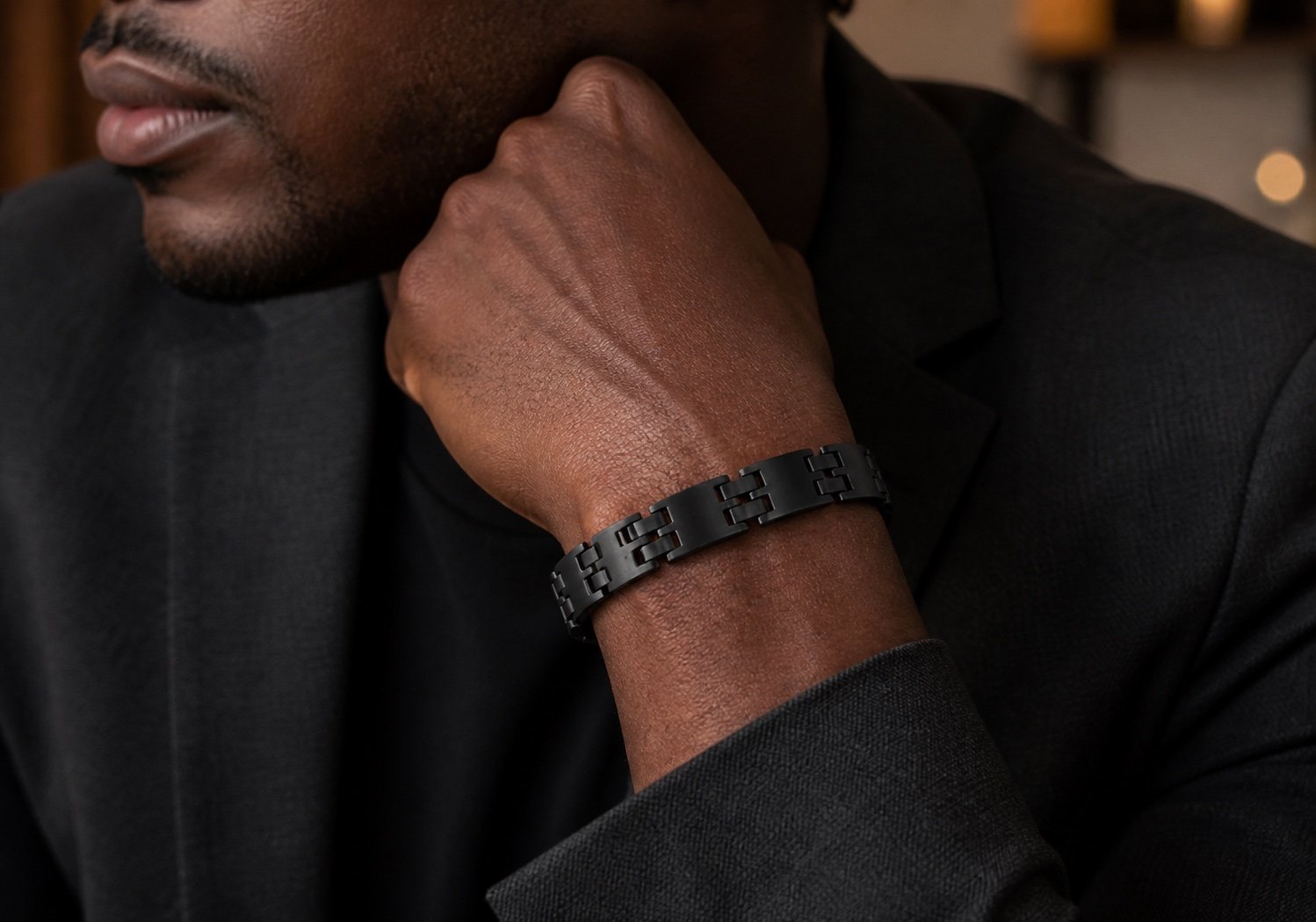matte black stainless steel panel bracelet — detail view Matte Black Stainless Steel Panel Bracelet — detail view