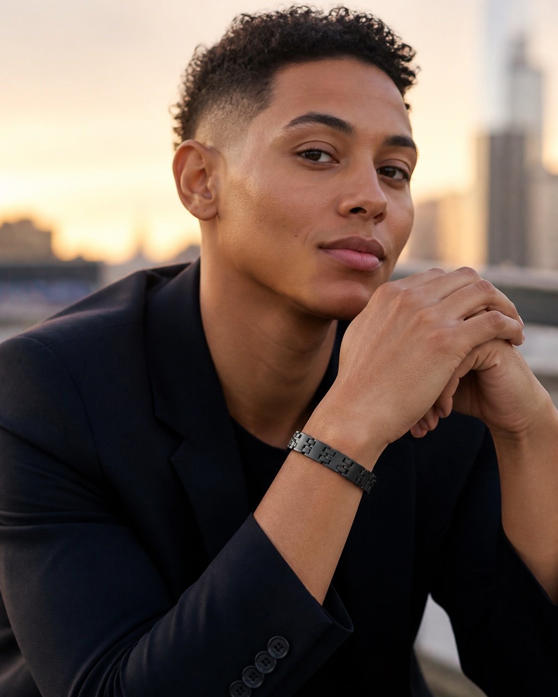 matte black stainless steel panel bracelet — styled view Matte Black Stainless Steel Panel Bracelet — styled view
