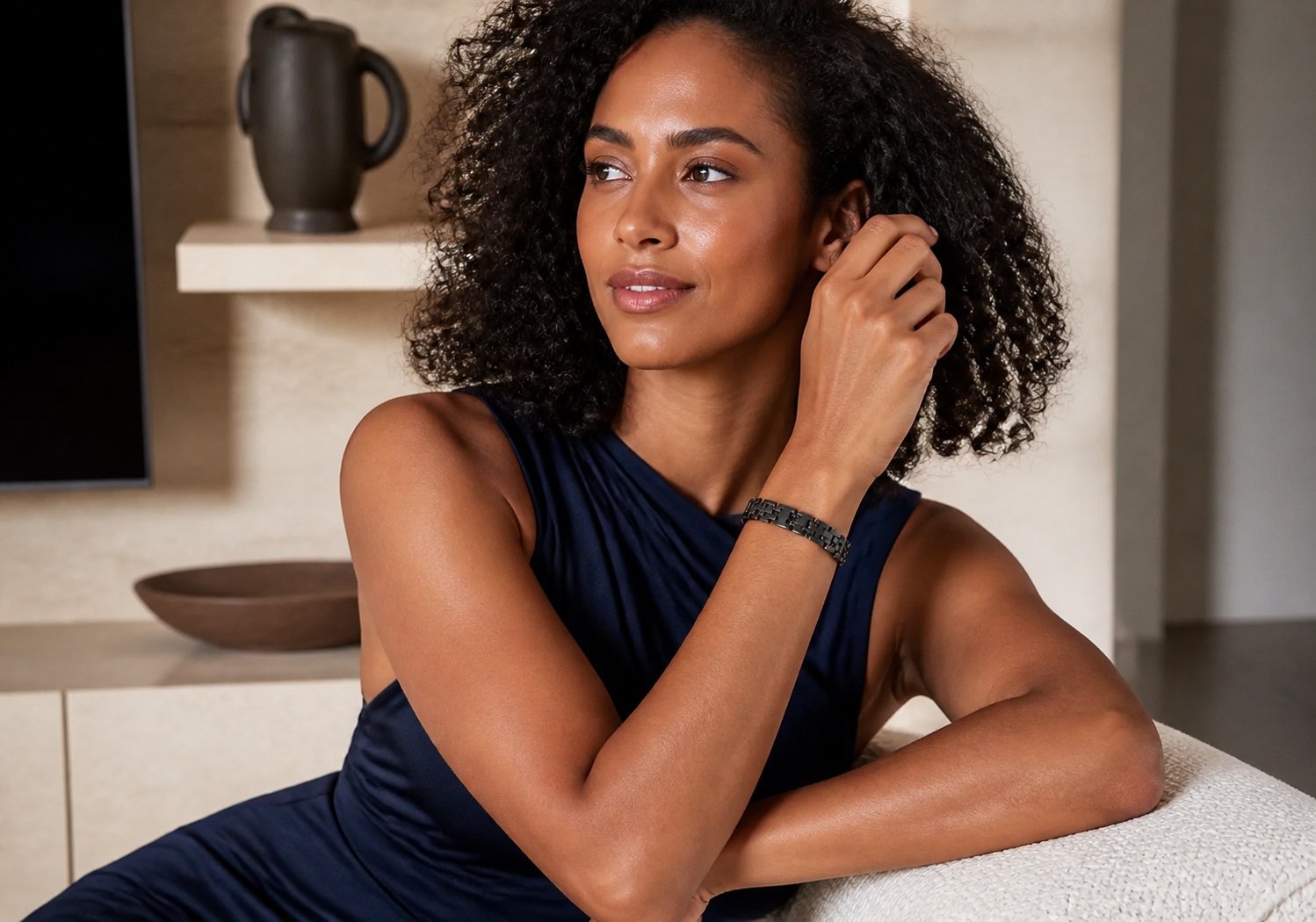 matte black stainless steel panel bracelet — lifestyle view Matte Black Stainless Steel Panel Bracelet — lifestyle view