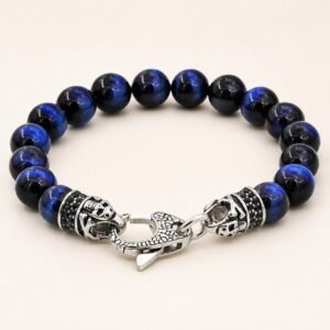 Blue Tiger Eye Beaded Bracelet with Black CZ — product view