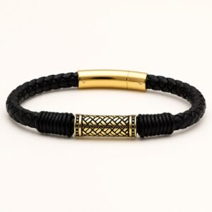 Black Leather Bracelet with Gold Engraved Barrel — product view