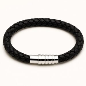 Black Leather Bracelet with Ribbed Steel Clasp — product view