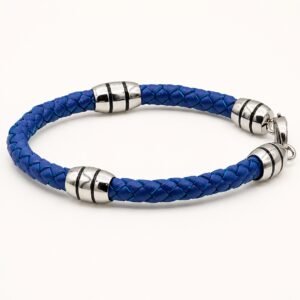 Blue Leather & Stainless Steel Cable Bracelet — product view