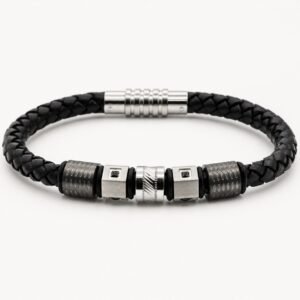 Black Leather & Stainless Steel Bracelet with Black CZ — product view