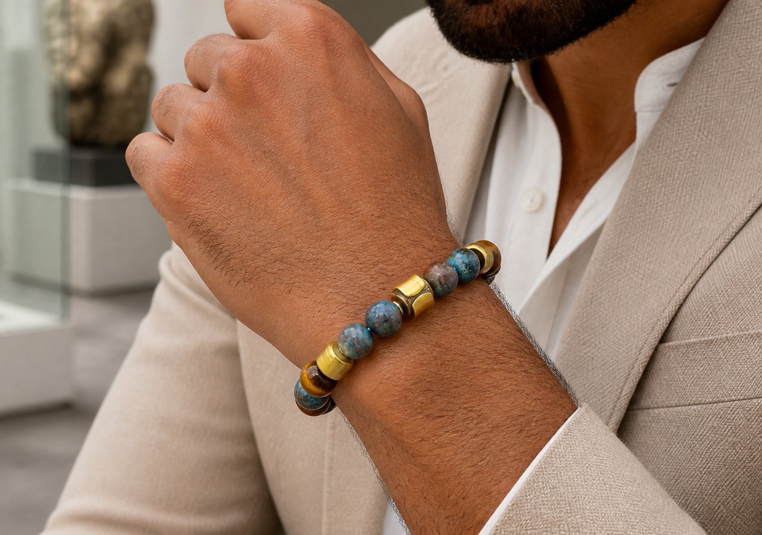 Blue Crazy Lace & Tiger Eye Gold-Tone Beaded Bracelet — detail view Blue Crazy Lace & Tiger Eye Gold-Tone Beaded Bracelet — detail view