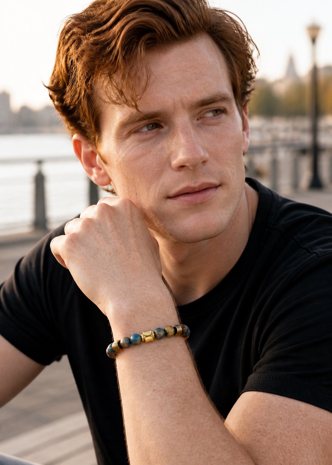 Blue Crazy Lace & Tiger Eye Gold-Tone Beaded Bracelet — styled view Blue Crazy Lace & Tiger Eye Gold-Tone Beaded Bracelet — styled view