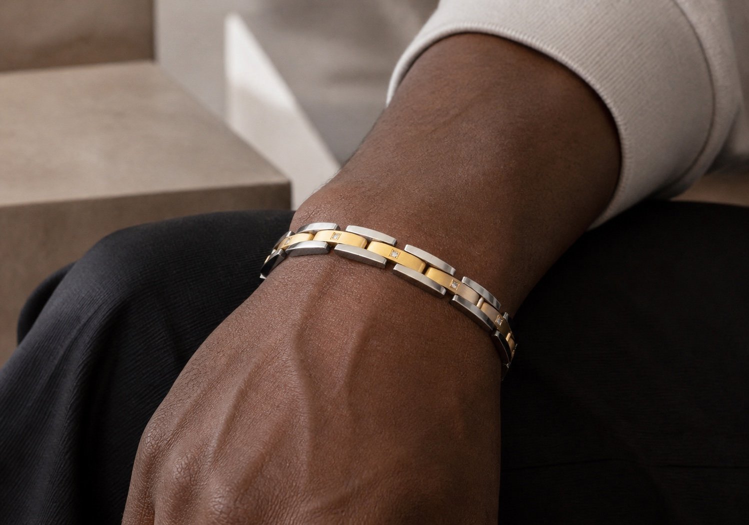 Two-Tone Curved-Link Bracelet with Cubic Zirconia — detail view Two-Tone Curved-Link Bracelet with Cubic Zirconia — detail view
