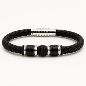 Black Leather & Stainless Steel Mechanical Bracelet — product view