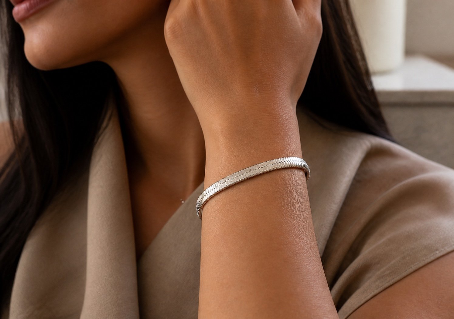 Polished Stainless Steel Herringbone Bracelet — detail view Polished Stainless Steel Herringbone Bracelet — detail view