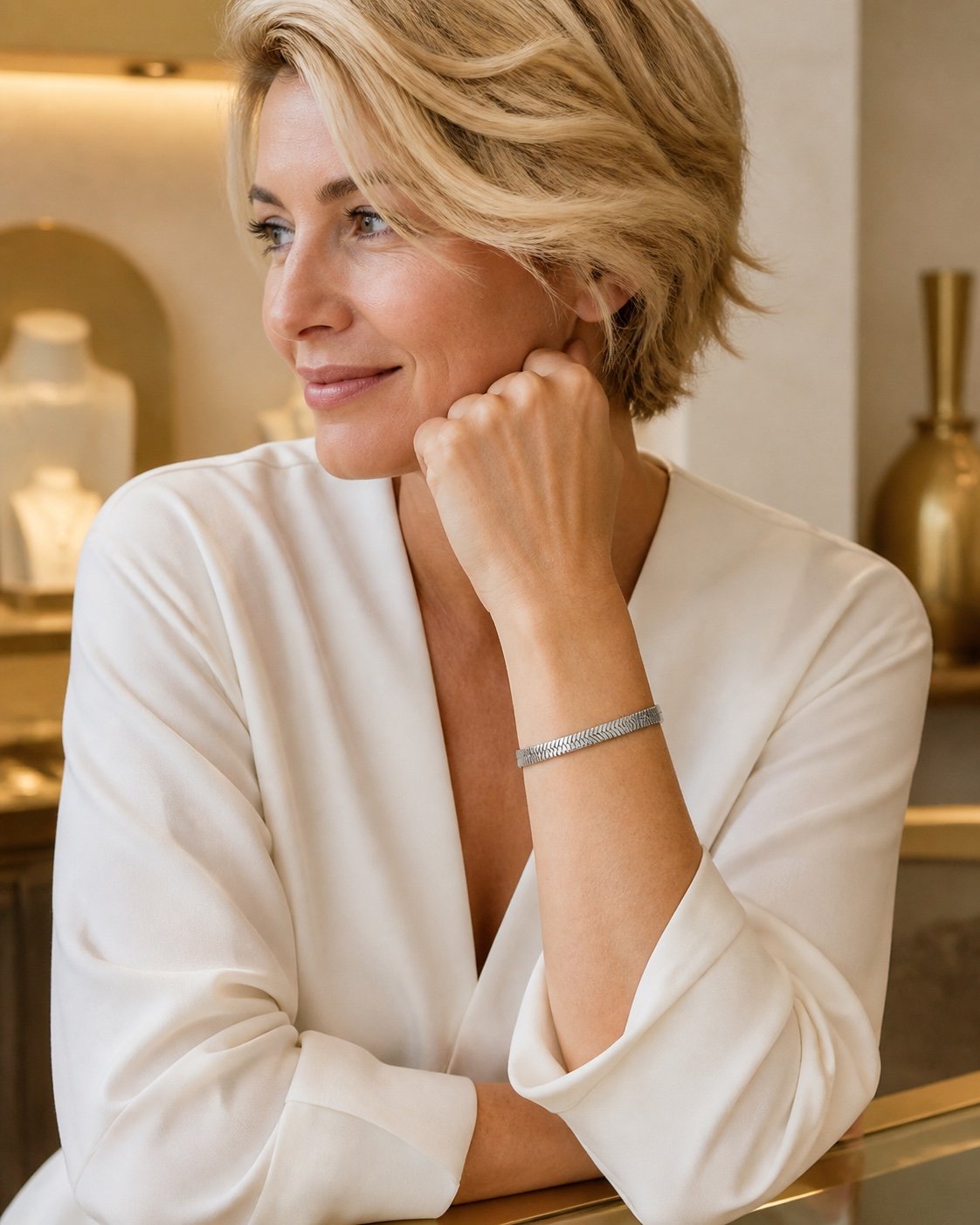 Polished Stainless Steel Herringbone Bracelet — styled view Polished Stainless Steel Herringbone Bracelet — styled view