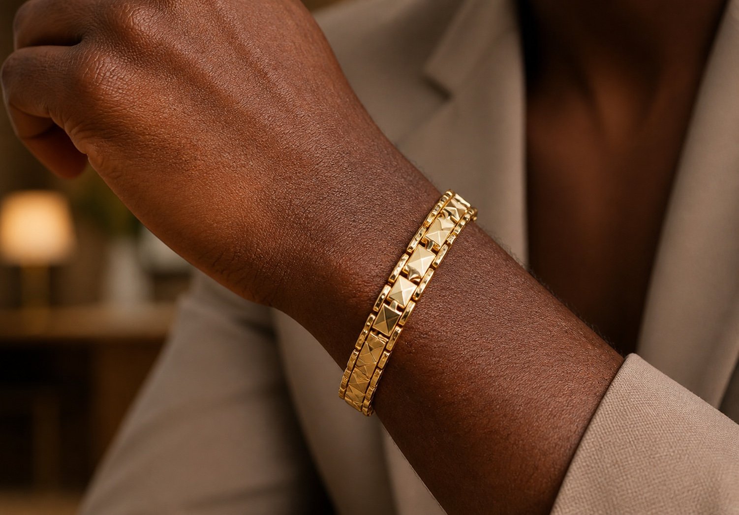 gold tone pyramid link stainless steel bracelet — detail view Gold-Tone Pyramid Link Stainless Steel Bracelet — detail view