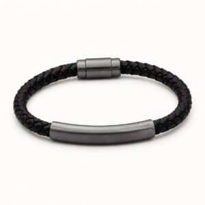 Black Leather & Gunmetal Bar Bracelet — product view