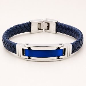 Blue Leather & Stainless Steel Inlay Bracelet — product view