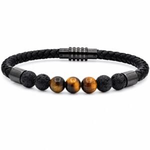 Tiger Eye & Lava Bead Leather Bracelet — product view
