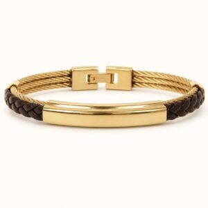 Brown Leather & Gold-Tone Wire Bangle — product view