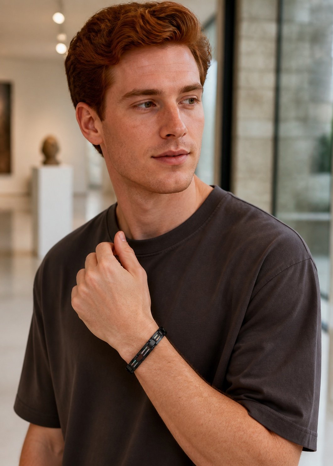 black tungsten link bracelet with opal inlay — styled view Black Tungsten Link Bracelet with Opal Inlay — styled view