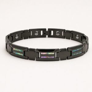 Black Tungsten Link Bracelet with Opal Inlay — product view