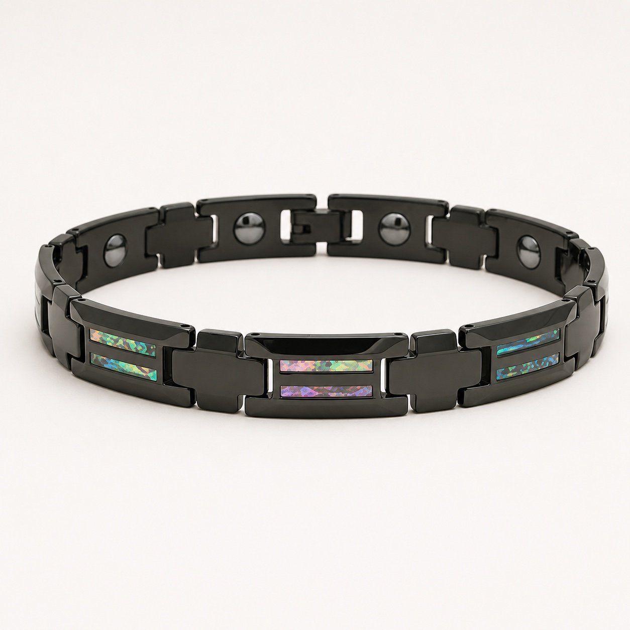 black tungsten link bracelet with opal inlay — product view Black Tungsten Link Bracelet with Opal Inlay — product view