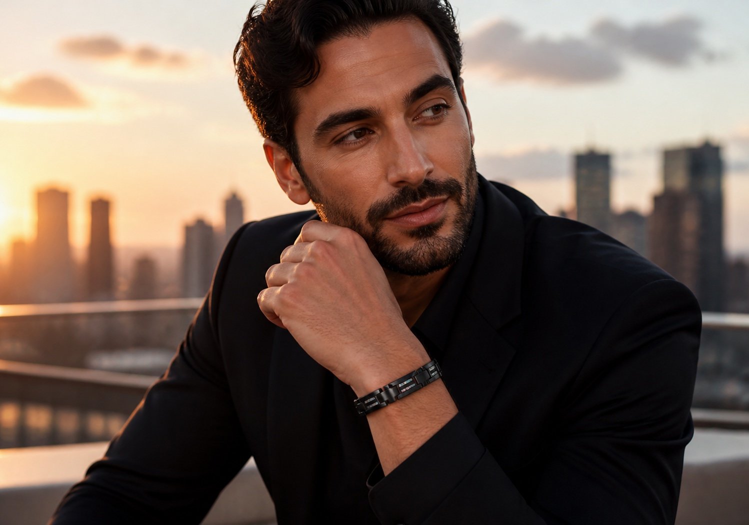 black tungsten link bracelet with opal inlay — lifestyle view Black Tungsten Link Bracelet with Opal Inlay — lifestyle view