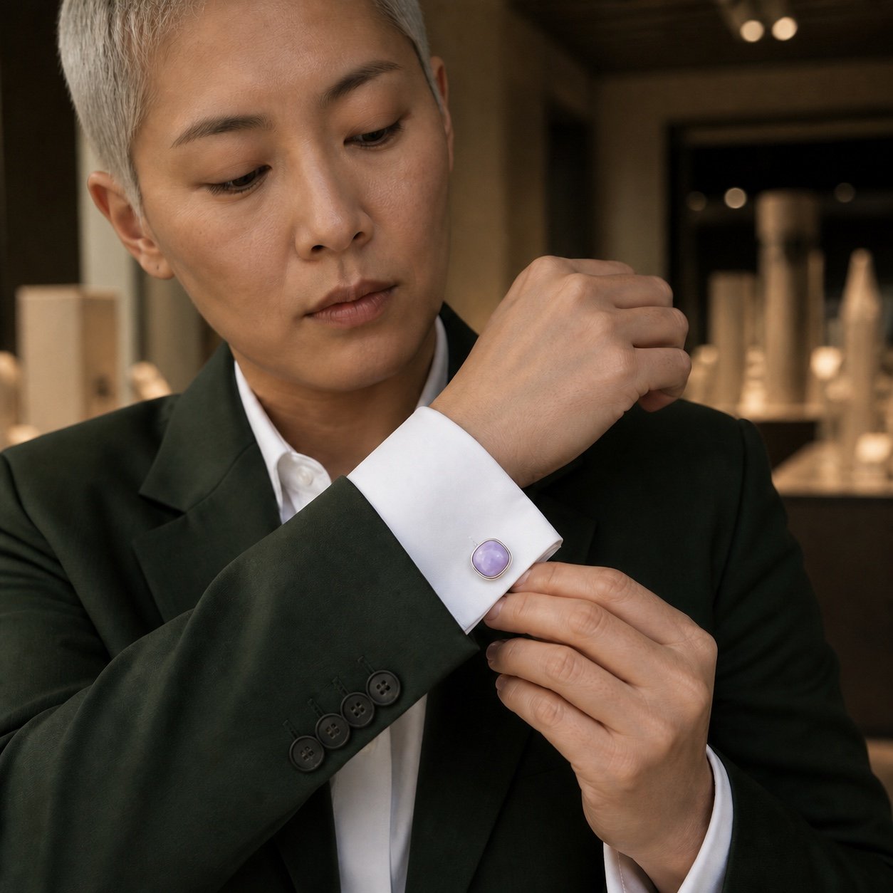 Genuine Amethyst Stainless Steel Cufflinks — detail view Genuine Amethyst Stainless Steel Cufflinks — detail view