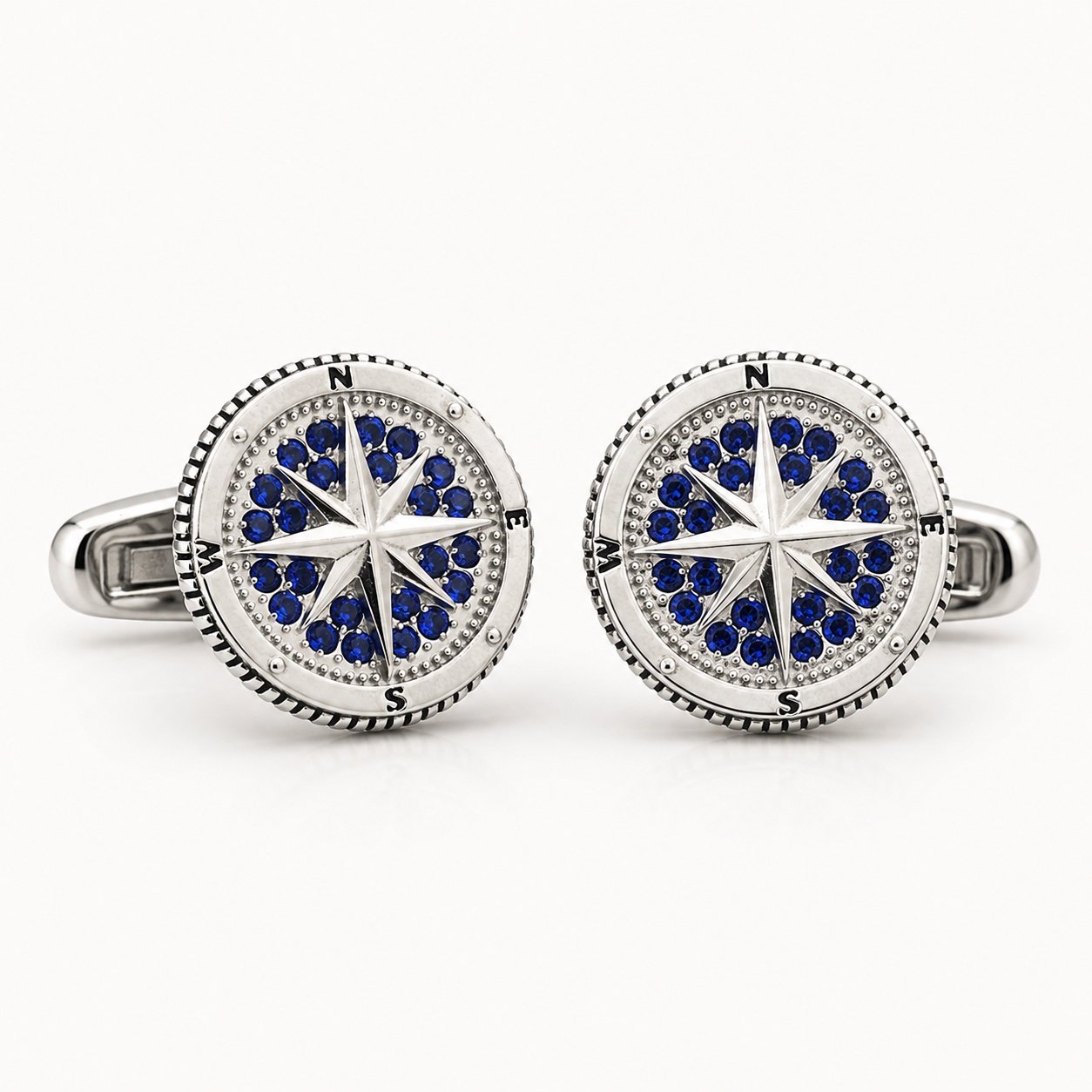 Stainless Steel Compass Cufflinks with Blue CZ — product view Stainless Steel Compass Cufflinks with Blue CZ — product view