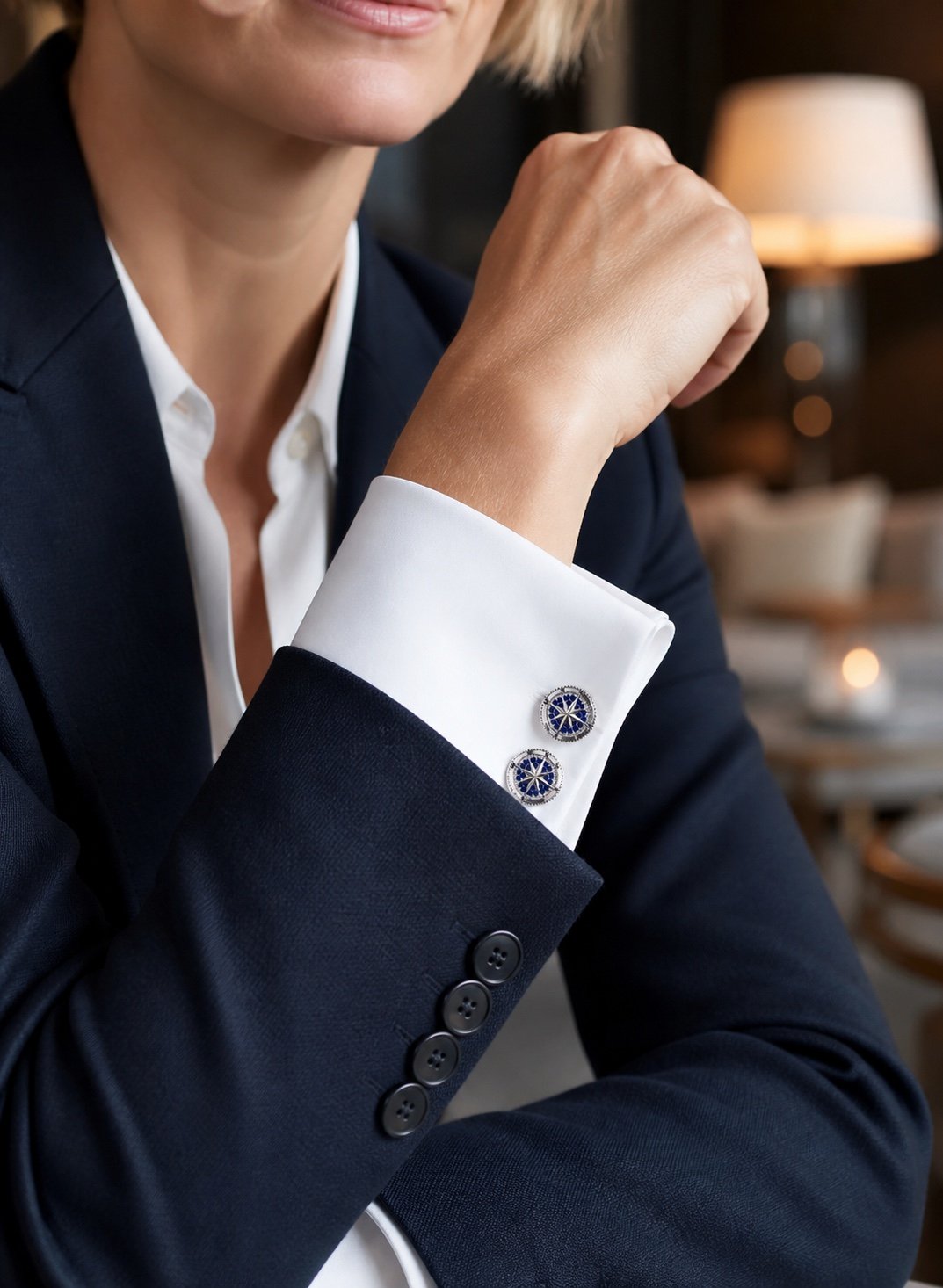 Stainless Steel Compass Cufflinks with Blue CZ — detail view Stainless Steel Compass Cufflinks with Blue CZ — detail view