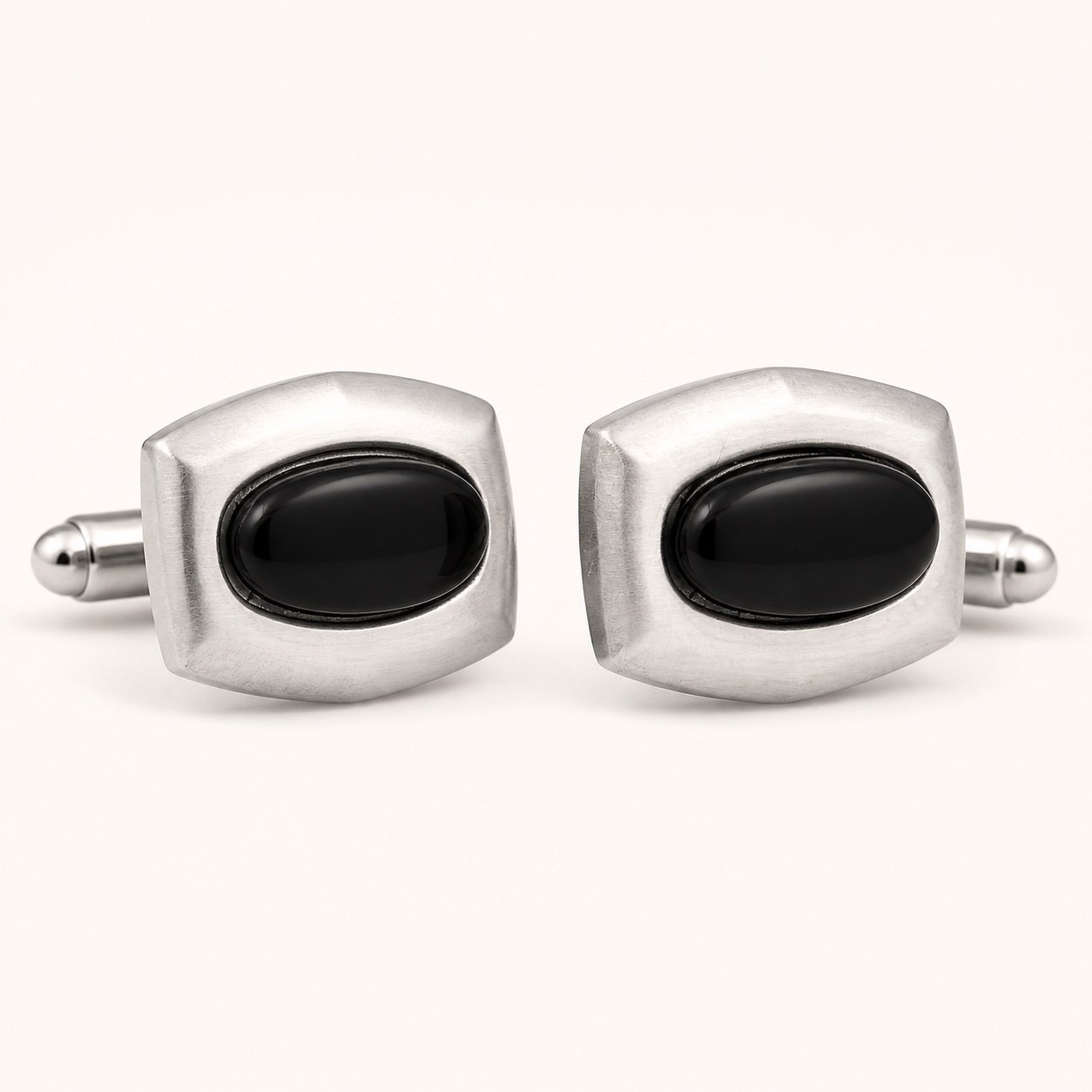 Black Onyx Cabochon Stainless Steel Cufflinks — product view Black Onyx Cabochon Stainless Steel Cufflinks — product view